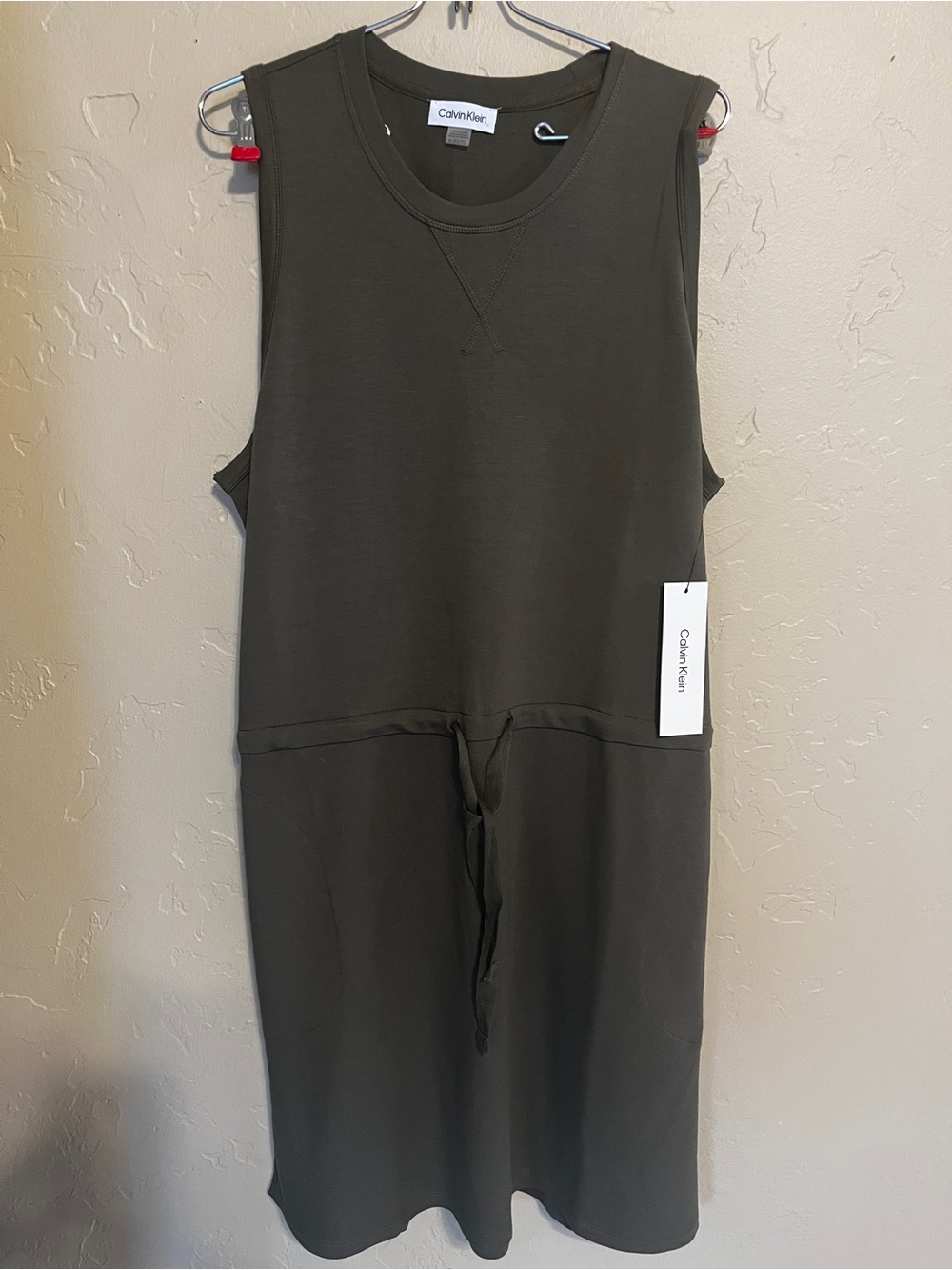 Calvin Klein Olive Green Short Sleeve Tank dress drawstring tie waist new w tags